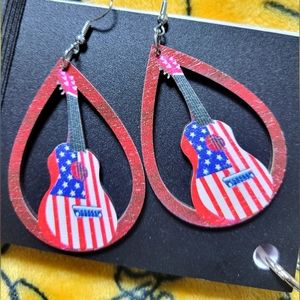 Americana Print Guitar Detail Water Drop Earrings
